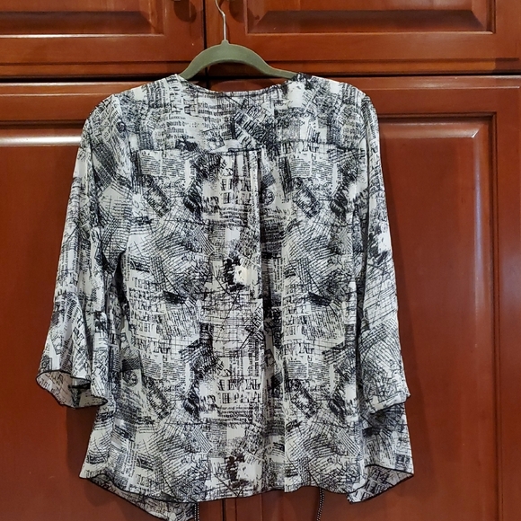 Christopher & Banks Black White Flowy Blouse Newspaper Print Cardigan Sheer Med. - Picture 4 of 16